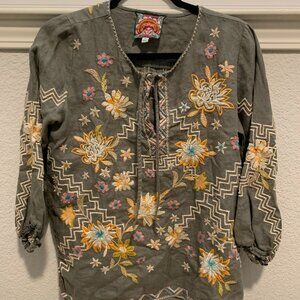 Johnny Was Embroidered Olive Green Tunic Top - Size S